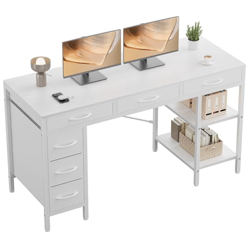 Sweetcrispy 55" Computer Desk with 6 Fabric Drawers & Storage Shelves - color: Pure White, size: 54.9 Inches