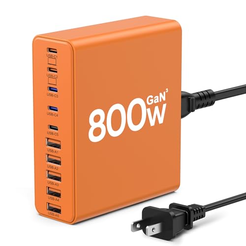 800W USB C Charger Block,10-Port Charging Station | Aexhend GaN Fast Charging Type C & USB A Wall Charger Adapter for MacBook Pro/Air,iPhone,iPad,Dell XPS,Samsung Galaxy(Orange) - color: Orange