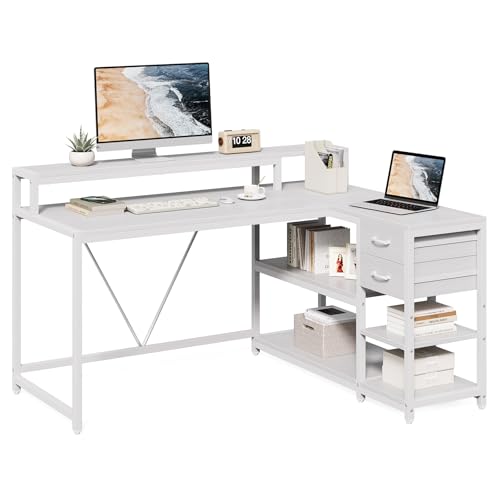 LITTLE TREE 55-Inch L-Shaped Computer Desk, Reversible Computer Desk with Drawers and Storage Shelves, Corner Desk Gaming Desk Work Desk for Home Office, White - color: White
