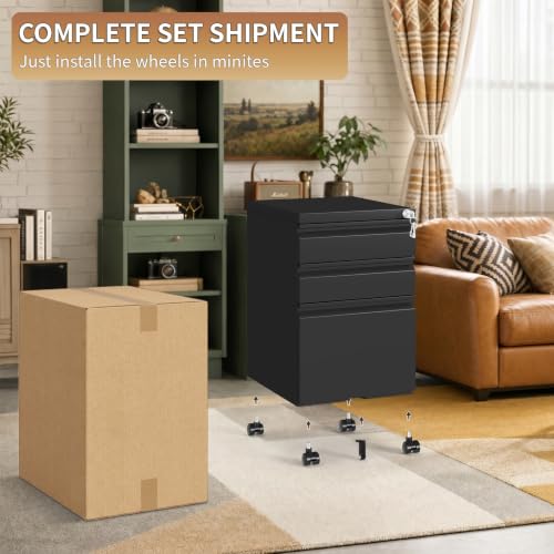 3 Drawer Small Under Desk Rolling File Cabinet with Lock for Home Office | Fully Assembled,Central Locking System,Metal,Pencil Tray,Hanging File Bar,Anti-Tipping Caster - color: Black