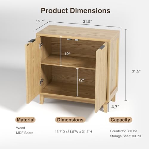 Fluted Cabinet with Storage, Mid Century Modern 2 Doors Sideboard Buffet - color: Natural, size: 2 Doors - 15.7"D x 31.5"W x 31.5"H