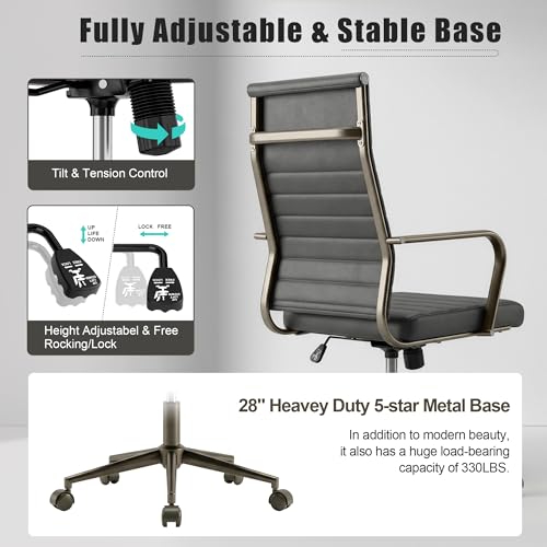 Okeysen Leather Office Desk Chair, Ergonomic Mid Century Modern Conference Room Chairs, Executive Ribbed Height Adjustable Swivel Rolling Chair for Home Office. - color: Metal
