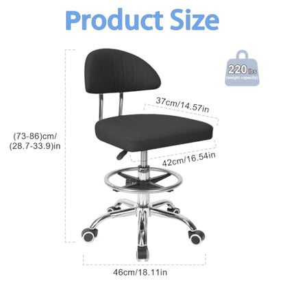 Height Adjustable Drafting Chair for Home Office Studio, 360 Swivel Rolling Computer Stool with Backrest and Footrest, Ergonomic Metal Task Seating, 220lbs Capacity, Black Black