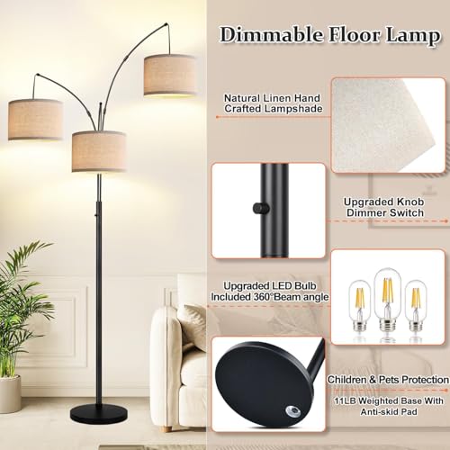 Dimmable Floor Lamp, 3 Lights Black Arc Floor Lamp, Modern Tall Standing Tree Lamp with Beige Linen Shades & Heavy Base, 3000LM LED Bulbs, Bright Lighting for Living Room, Bedroom, Office & Reading - color: Matte Black- Beige Linen Shade
