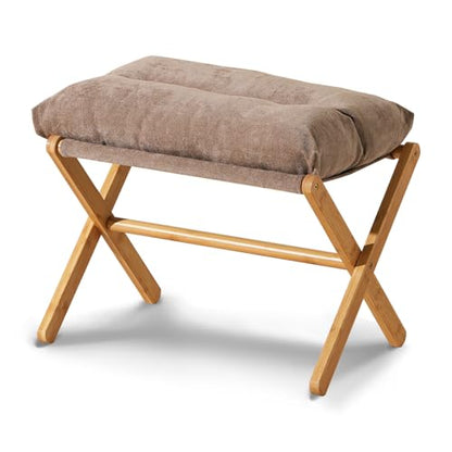 Baveke Folding Foot Stool, Small Accent Ottoman with Thick Cotton Cushion & Bamboo X Legs, Modern Padded Sofa Stool for Makeup Bedroom Living Room (Brown) - color: Light Brown, size: 21.3"D x 13.4"W x 18.5"H
