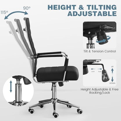 JOMEED Office Desk Chair,Conference Room Chair,High Back PU Leather Swivel | Modern Executive Ribbed Design, Ergonomic, Height Adjustable, Wheels and Arms, for Home Office(Black-Silver Frame) - color: Black-sliver Frame