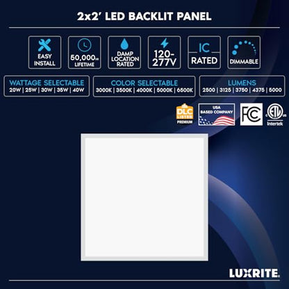 LUXRITE 2x2 FT LED Backlit Flat Panel Light, 5CCT 3000K-6500K (2 Pack) - size: 2 Count (Pack of 1)