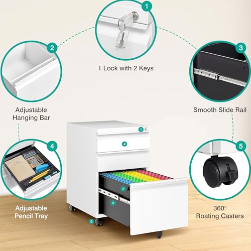Assembled 3 Drawer File Cabinet with Wheels,Under Desk File Cabinet with Lock,White Rolling Filing Cabinets, Metal Filing Cabinets for Home Office,Fit A4/Letter/Legal,Pre-Assembled Except Caster - color: White, style: 3 Drawer