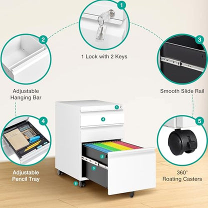 Assembled 3 Drawer File Cabinet with Wheels,Under Desk File Cabinet with Lock,White Rolling Filing Cabinets, Metal Filing Cabinets for Home Office,Fit A4/Letter/Legal,Pre-Assembled Except Caster - color: White, style: 3 Drawer
