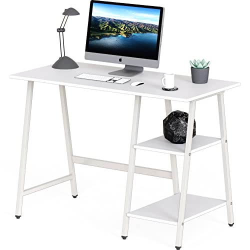 SHW 43-Inch Trestle Computer Desk with Open Storage Shelves, White | w/ Adjustable Glides - color: White