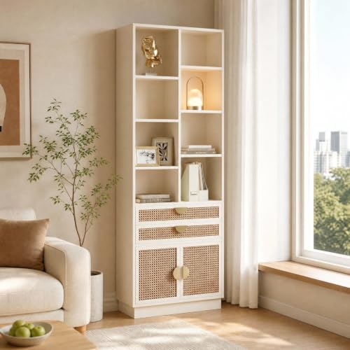 Bookcase with 2 Drawers and Doors, 8 Storage Cubes | Tall Bookshelf, Modern Bookcases, Wooden Bookshelves for Home and Office, Living Room, Study, White Rattan