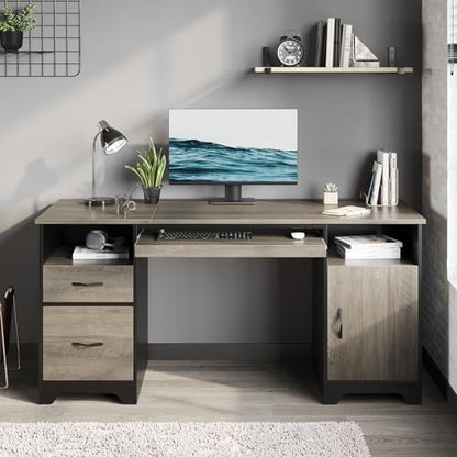 Bestier 59" Executive Desk, File Drawer, Keyboard Tray & 2 Drawers, Gray | File Drawer For Letter/A4/Legal Folders, 2 Storage Drawers, Keyboard Tray, Cable Management, 200 LBS Capacity, Wood Finish - color: Gray&black