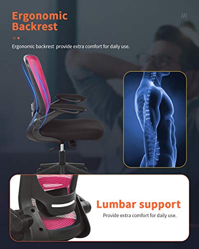 Home Office Chair Ergonomic Desk Chair Mesh Computer Chair with Lumbar Support Flip-up Arms Swivel Rolling Executive Task Chair Adjustable Chair for Adults(Pink) - color: Pink