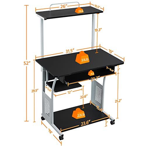 Yaheetech Small Rolling Computer Desk with Hutch and Storage Shelves, Black - color: Black