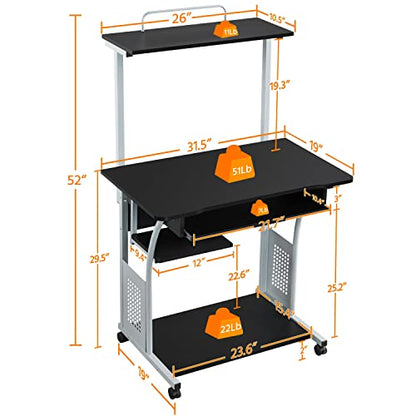 Yaheetech Small Rolling Computer Desk with Hutch and Storage Shelves, Black - color: Black