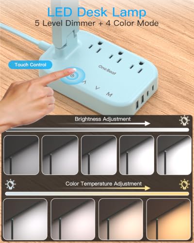 LED Desk Lamp, Power Strip with 4 USB 3 Outlets, Dorm Room Essentials, Blue - color: Blue, size: 5 Ft