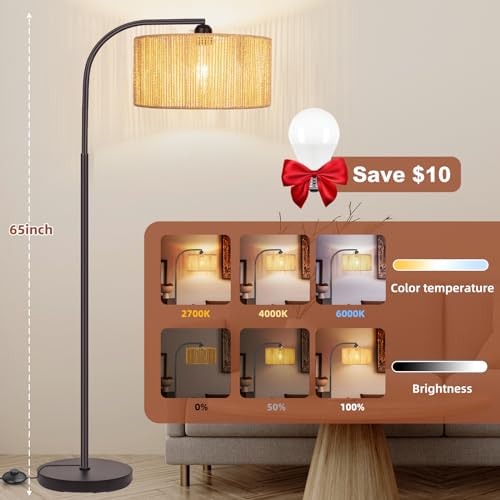 Brilvibera Boho Floor Lamp with Dimmable Bulb Rattan Double Shade Lamp | Stepless Dimmable Bulb and Remote Control, Bronze Rustic Farmhouse Floor Lamps for Living Room, Bedroom, Office, Classroom - style: Retro-Bronze