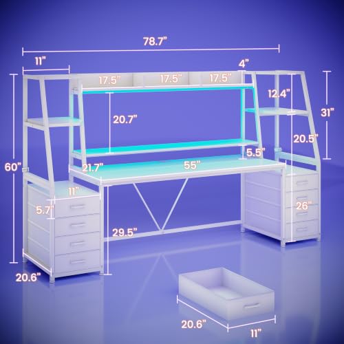 SEDETA Gaming Desk with LED Lights, 8 Drawers and Storage Shelves, White - color: White With Drawers, size: 78.8 inches