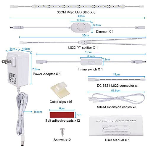 Under Cabinet LED Lighting Kit Plug in 13W Daylight White 5000K | 6 x 12 inches Slim 12VDC Light Strips with Adapter Switch Dimmer Jumper Cables for Cabinets Counter Shelf Bookcase Closets - color: Daylight 5000K
