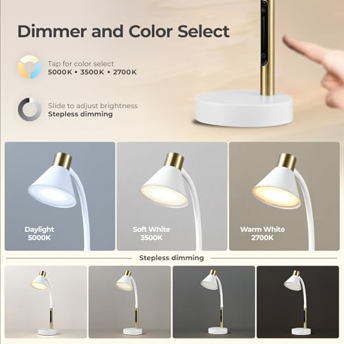 Globe Electric 15" LED Integrated Matte White Desk Lamp with Matte Brass Accent and Adjustable Silicone Gooseneck - color: Matte White, Albert
