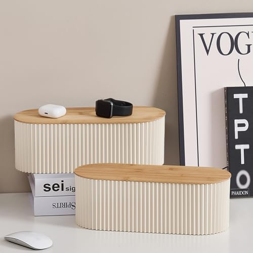 Cable Management Box with Solid Bamboo Cover, 12.6x5.4x4.4 inches, Beige