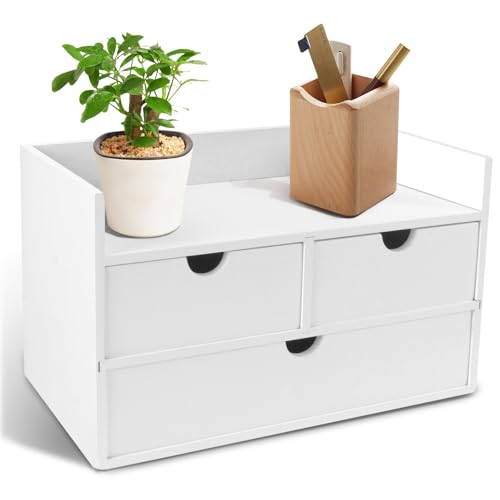 Charmewooden Bamboo Desk Organizer With Drawers Countertop Drawers Counter Storage Box Corner Desk Organizer for Home Office No Assembly Required - color: White(3 Drawers with shelf)