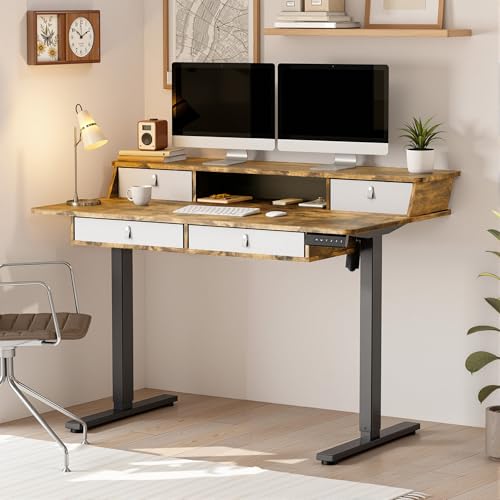 MSZ Sit & Standing Desk, Adjustable Height Electric Sit Stand Up Down Computer Table, 48x24 Inch Ergonomic Rising Modern Lift Motorized Gaming Desktop Work Home Office (Brown-Double Bookcase) - color: 4-brown-double Bookcase