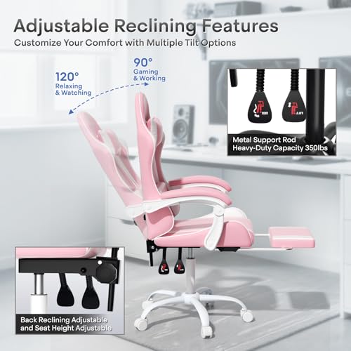 Athena Collection Ergonomic Gaming Chair for Adults, Pink | Height Adjustable Office Chair Computer Desk Chair with Footrest & Headrest Lumbar Support for Office & Home, 350lbs - color: Pink & Wihte