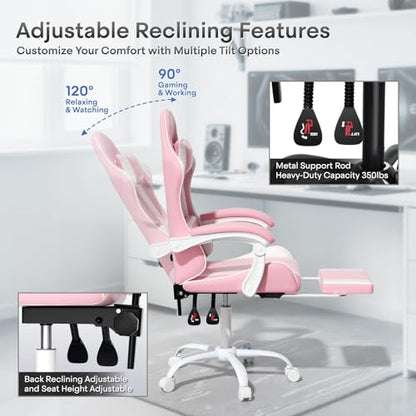 Athena Collection Ergonomic Gaming Chair for Adults, Pink | Height Adjustable Office Chair Computer Desk Chair with Footrest & Headrest Lumbar Support for Office & Home, 350lbs - color: Pink & Wihte