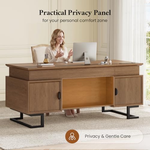 63" W x 27.6" D Executive Desk with 2 Cabinets & Power Outlet - color: Wood Grain Brown, size: Geometric Metal Legs