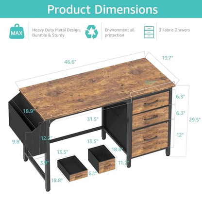 Lufeiya Computer Desk with File Drawers Cabinet, 47 Inch Reversible Home Office Desks with Fabric Filing Cabinet for Small Space, Study Writing Table PC Desks, Rustic Brown - color: Rustic Brown, size: 46.6"