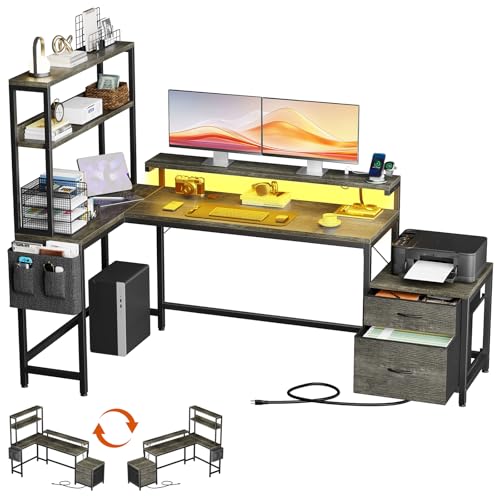 70 Inch Grey Oak Reversible L Shaped Computer Gaming Desk | Reversible Corner Design, Charging Station, RGB LED Strip, Monitor Riser, File Drawers & Open Storage Shelves - color: Grey Oak
