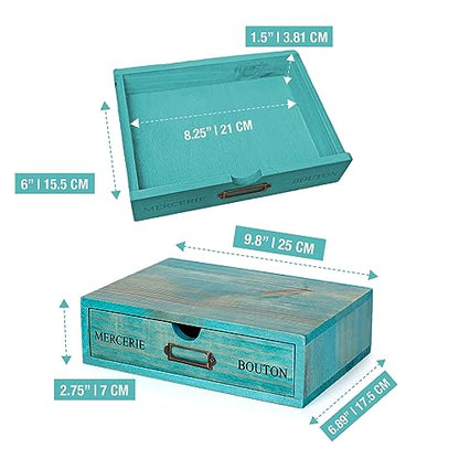 Turquoise Single Drawer Unit - European Country Style Desk Organizer Box - 9.7x7x2.6 Teal Wooden Stackable Drawer - Countertop Organizer Drawer w/Label Holder - Single Monitor Shelf - style: 1 Drawer I 2.6"