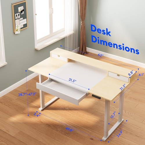 FLEXISPOT 4-Leg Standing Desk with Storage, 63"x32", White | Electric Adjustable Height, 3 Drawers & Shelving, Storage, Home Office Workstation - size: 63"x32"