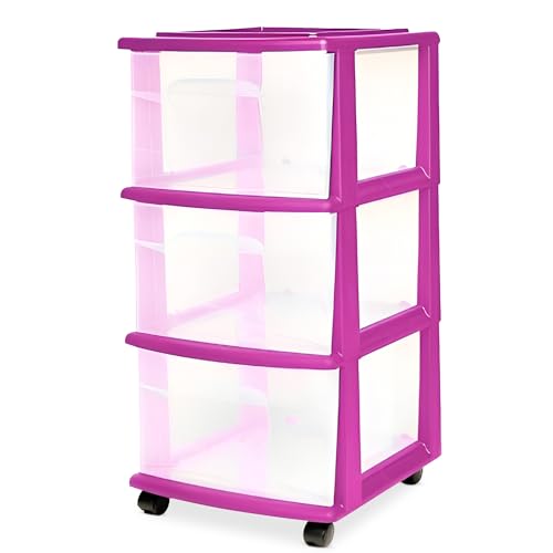 HOMZ Drawer Tower, 3-Tier Storage Cart with Removable Wheels, Purple Frame - color: Purple, size: 1 Pack