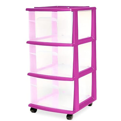 HOMZ Drawer Tower, 3-Tier Storage Cart with Removable Wheels, Purple Frame - color: Purple, size: 1 Pack