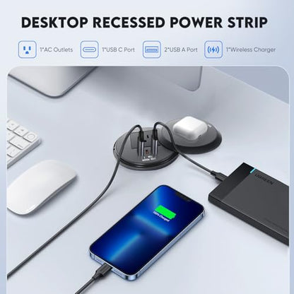 Desk Power Strip with 15W Wireless Charger, PD 20W USB-A, QC 3.0 USB-C Fast Charging Embedded Power Outlet, Recessed Power Outlet with AC outlets and 6FT Cord - color: black