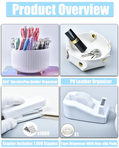 LXEVIHK White Desk Accessories, Office Supplies 360°Pen Holder Desk Organizers, With Tape Dispenser, Stapler, Staple Remover, Ect, Infuse Your Space With Porcelain Serenity, Back to School - color: White