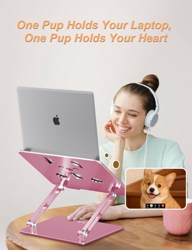 Aoviho Aluminum Laptop Stand for Desk Fit for All 10"-17.3" Laptops, Pink | Height-adjustable Notebook Holder, Ergonomic Computer Riser with Unique Puppy Cooling Vent, for Mac, Dell, Lenovo, HP - color: Rose Gold