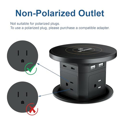 9-in-1 Pop-Up Outlet with Wireless Charging for Kitchen & Office | 9-in-1: 4 AC + 4 USB + wireless charging. 2500W, 100-240V. 4-1/8" cutout. Hidden hub for kitchen, office, conference table - color: Black