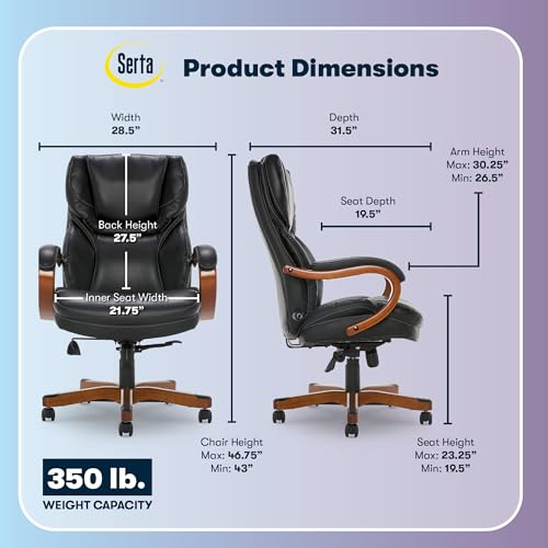 Serta Big & Tall Executive Office Chair with Lumbar Support, Leather Chair | Conway, Ergonomic 350lb Capacity Computer Chair, Padded Arms, High Back Home Gaming Chair, Adjustable Height & Recline, Black - color: Brainstorm Black