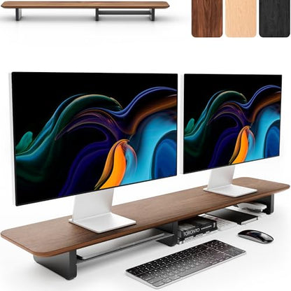 KIVY Dual Monitor Riser with Integrated Metal Shelf - Wooden desk shelf