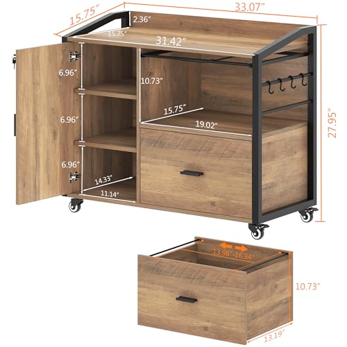 HSH Rolling File Cabinet with Lock, Mobile Lateral Filling Cabinet on Wheels, Wood Printer Stand with Storage Drawer, Modern File Cabinets Fits F4 Legal for Home Office, Rustic Oak, 33Inch - color: Rustic Oak