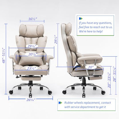 Efomao Big and Tall Office Chair 400lbs PU Leather Executive Office Chair with Lumbar Support & Leg Rest, Heavy-Duty Computer Chair for Home Office, Grey - color: Grey