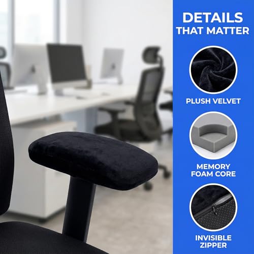 Office Chair Armrest Covers - Memory Foam Arm Pads, Ergonomic Cushions for Elbow & Forearm Pressure Relief, Universal Fit