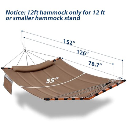 TegerDeger 12FT 2 Person Hammock with V Shaped Spreader Bar -Brown - color: Brown