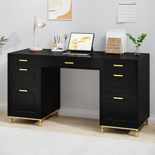 MaverickFurni Black Computer Desk with 7 Drawers, 57 Inch Home Office Desk with File Drawers, Wood Modern Desk with Storage for Bedroom, Executive Desk with Golden Legs and Handles, Black and Gold - color: Black