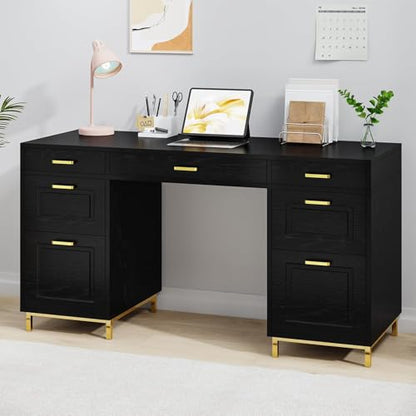 MaverickFurni Black Computer Desk with 7 Drawers, 57 Inch Home Office Desk with File Drawers, Wood Modern Desk with Storage for Bedroom, Executive Desk with Golden Legs and Handles, Black and Gold - color: Black