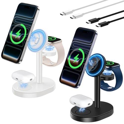 Hevanto 2026 3 in 1 Wireless Charging Station for Apple MagSafe Charger, 15W Fast Magnetic Mag-Safe Charger Stand for iPhone 17 16 15 14 13 12 Watch AirPods (Adaptor Not Included), 2 Pack Black&White - color: 2Pack_MagBlack&White, size: 15W