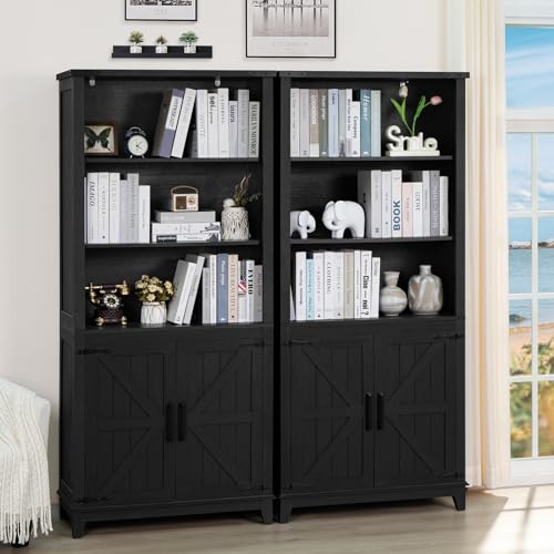 Joaxswe 70in Tall Bookshelf 5 Tier Bookcase with Barn Doors and Adjustable Shelves, Black Farmhouse Book Shelf with Storage Cabinet, Wood Freestanding Display Bookshelves for Bedroom, Kitchen (2PCS) - color: Black, size: 2 Piece